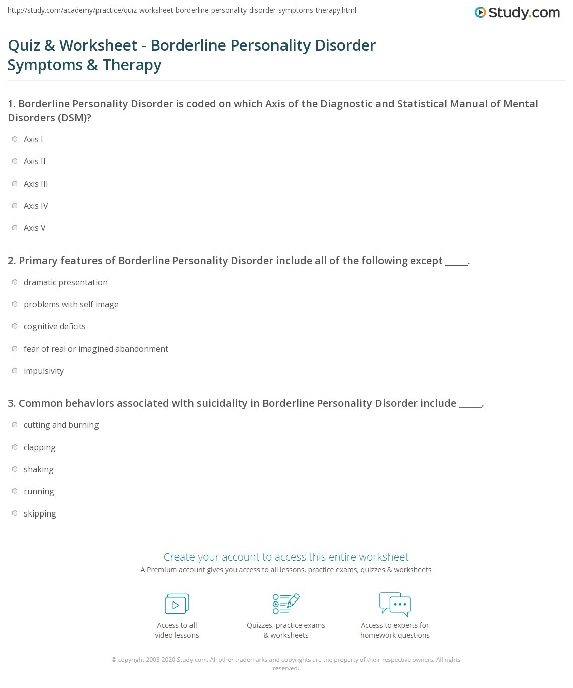Quiz Worksheet Borderline Personality Disorder Symptoms Therapy Study