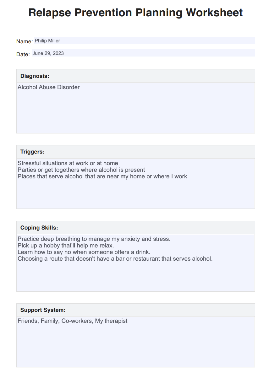 Relapse Prevention Planning Worksheet Example Free PDF Download