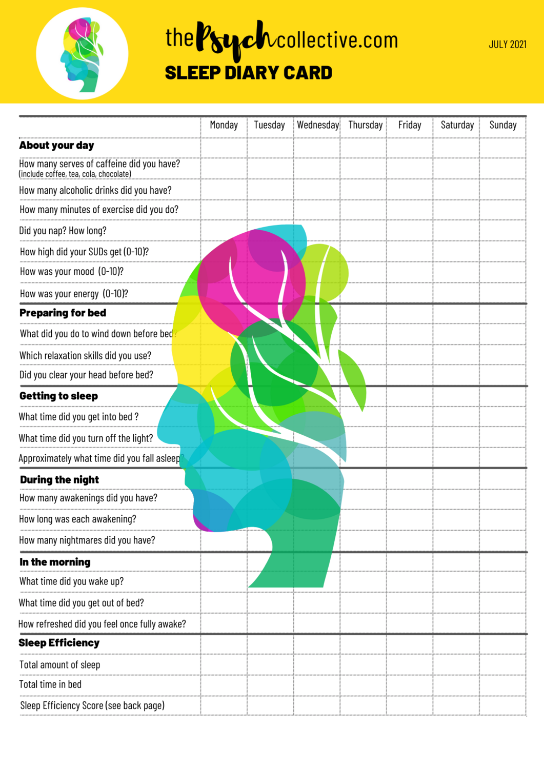 Sleep Diary Card - DBT Worksheets