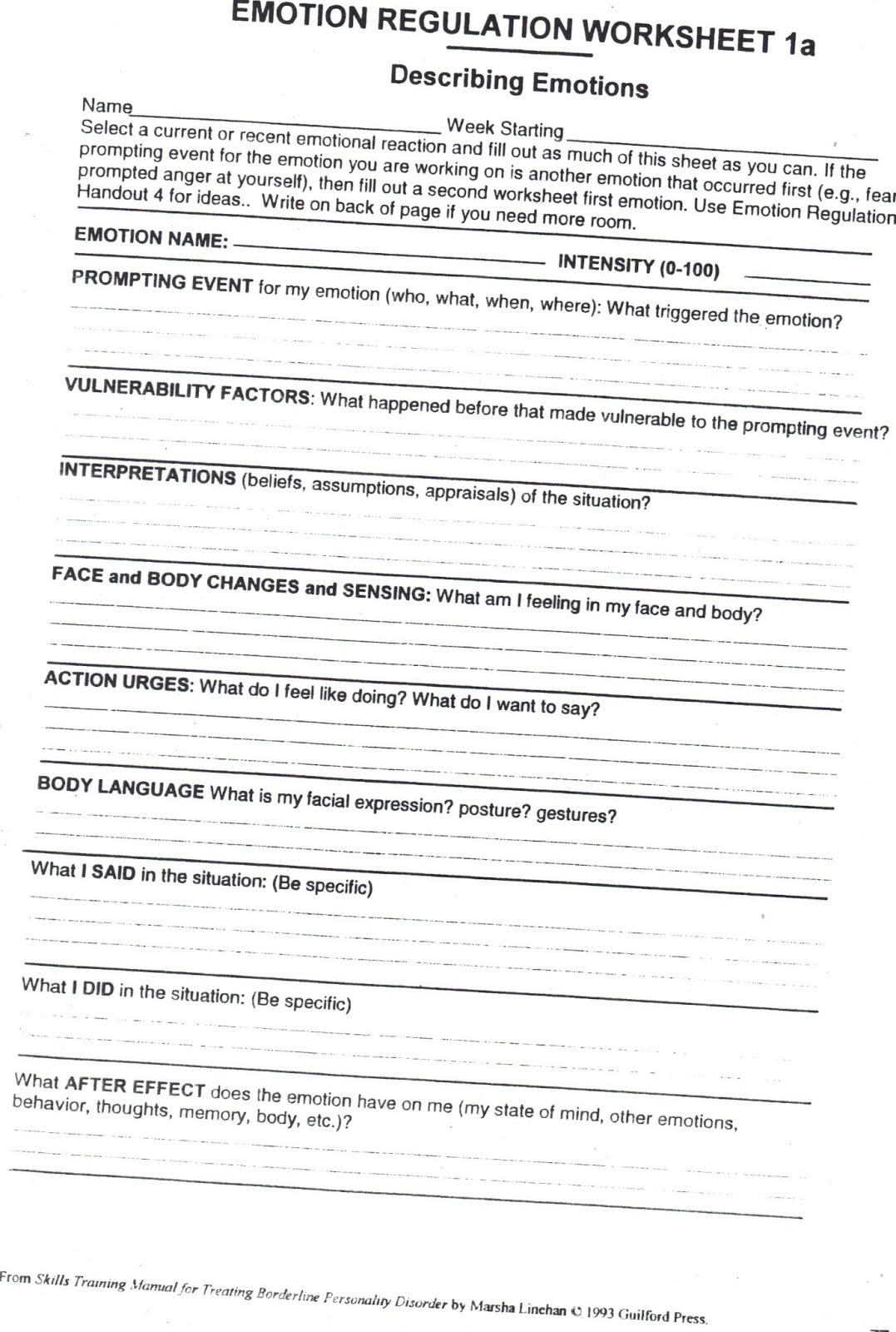 Sorting Out Emotions Using DBT Emotion Regulation Worksheet 1a Healing From Borderline Personality Disorder