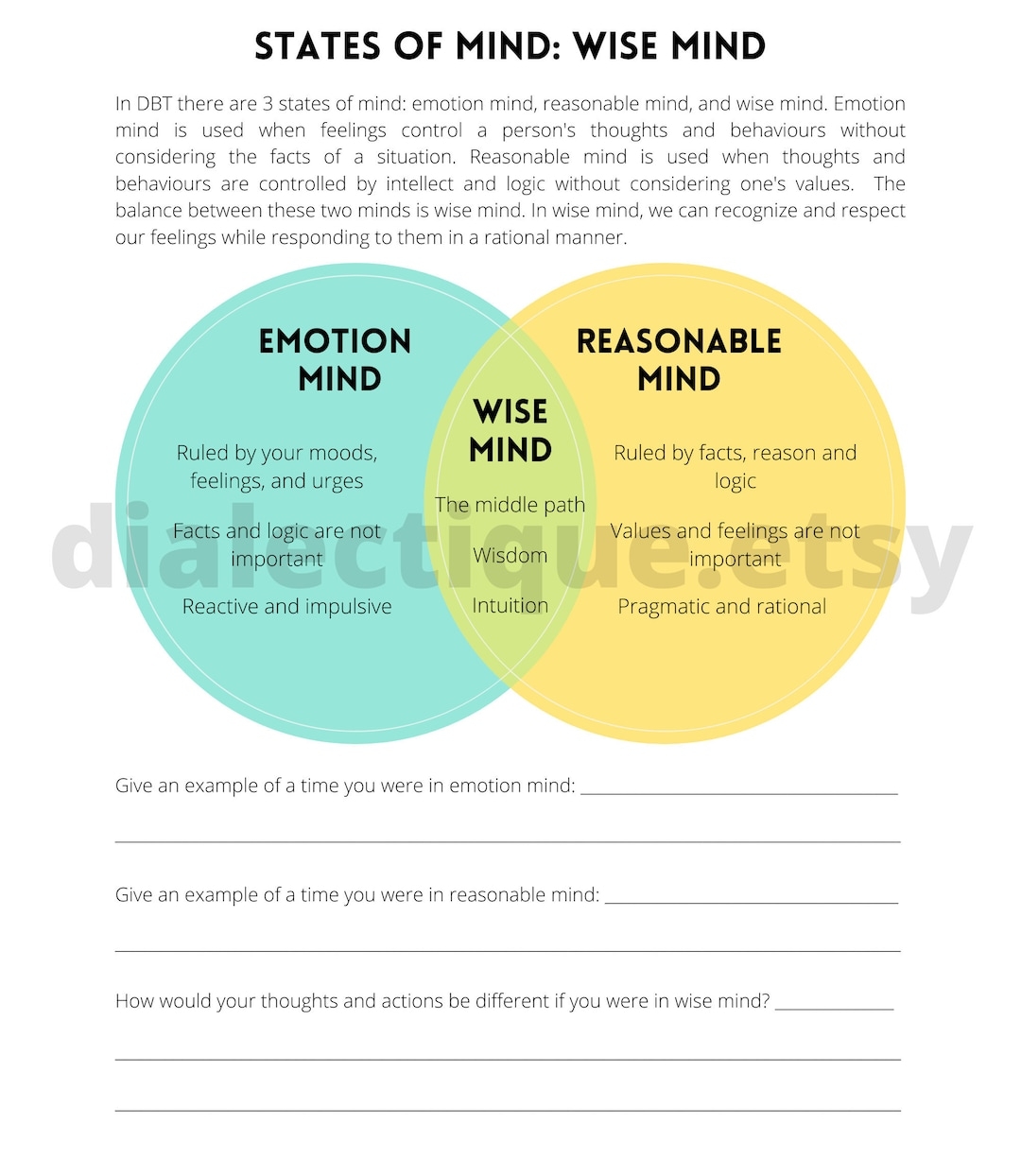 States Of Mind Wise Mind Worksheet Etsy