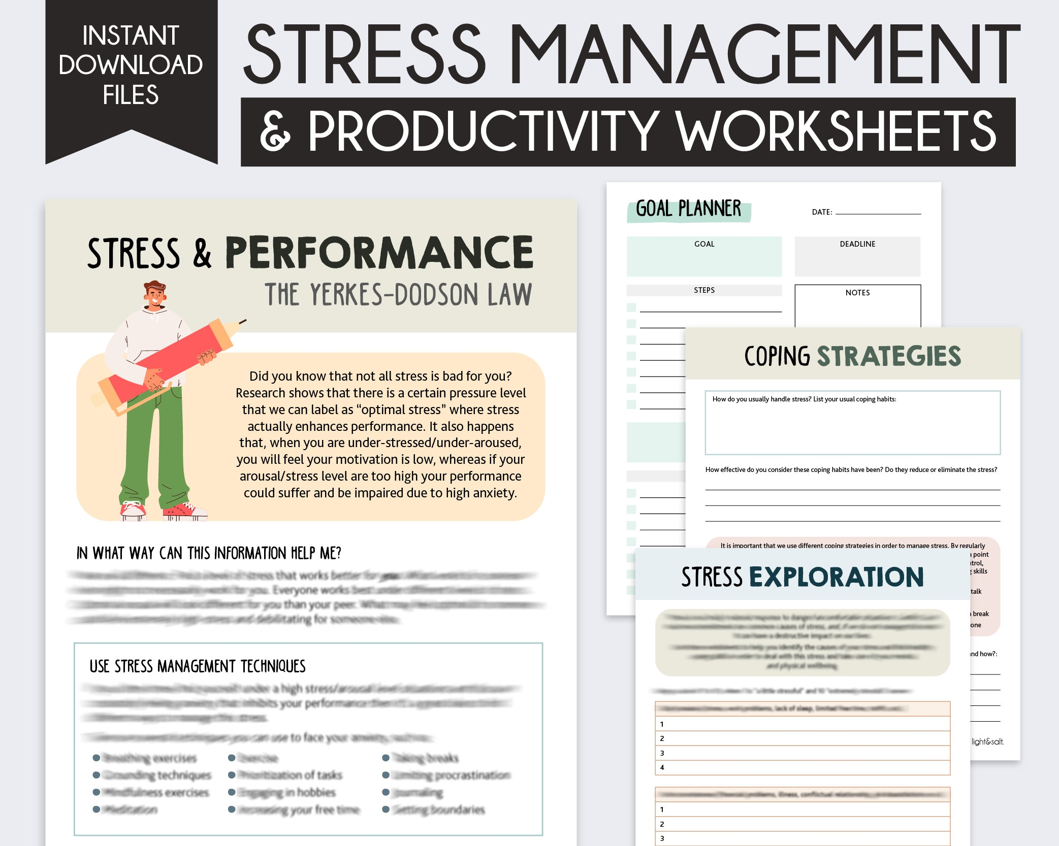 Stress Management Worksheets Anxiety Worksheets Stress Performance Curve Productivity Worksheets Smart Goals ADHD Productivity Tools Etsy