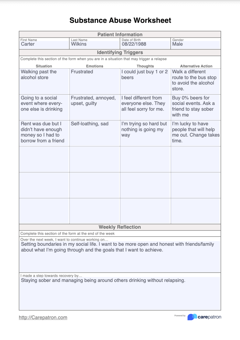 Substance Abuse Worksheet Example Free PDF Download