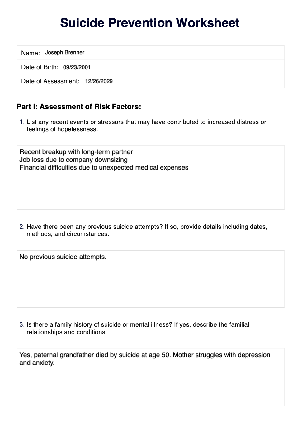 Suicide Prevention Worksheets Example Free PDF Download