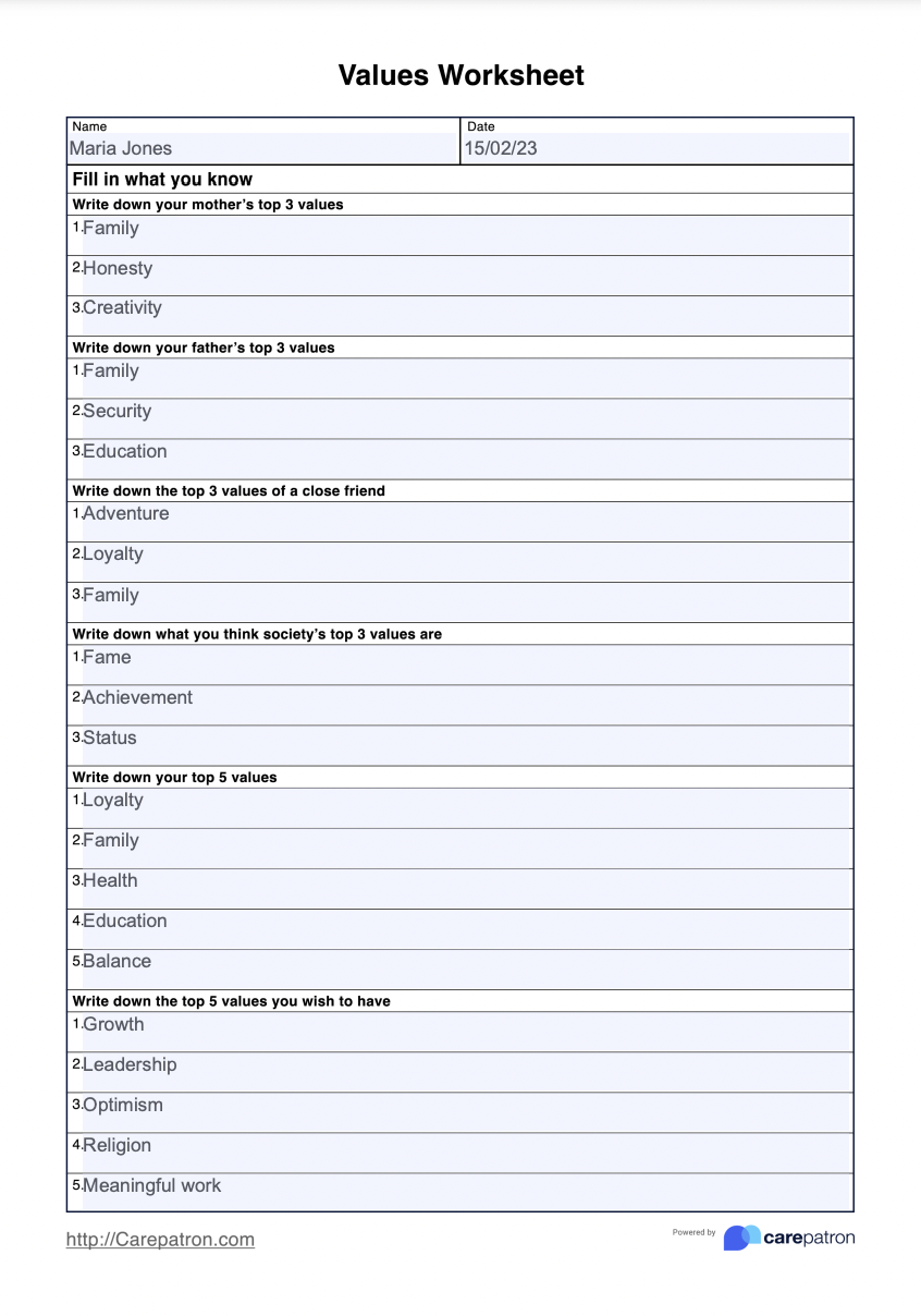 Values Worksheet Example Free PDF Download