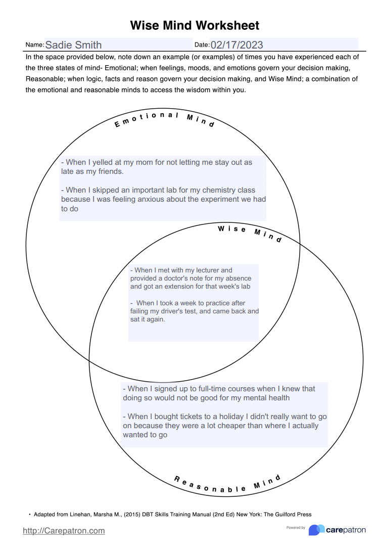 Wise Mind Worksheets Example Free PDF Download